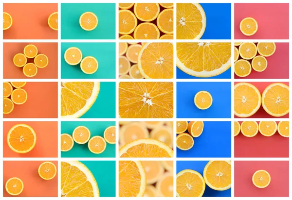 Collage Many Pictures Juicy Oranges Set Images Fruits Backgrounds Different — Stock Photo, Image