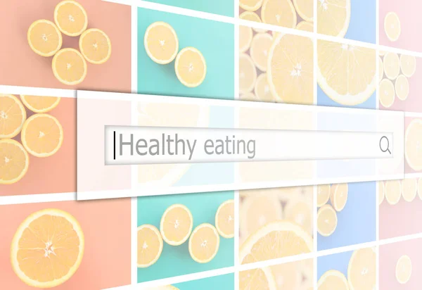 Visualization Search Bar Background Collage Many Pictures Juicy Oranges Healthy — Stock Photo, Image
