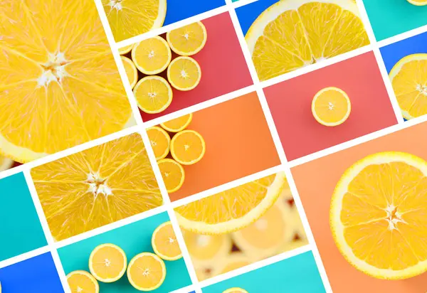 多汁的橘子画的拼贴画。一组图像机智 — 图库照片