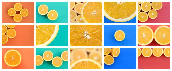 Collage Many Pictures Juicy Oranges Set Images Fruits Backgrounds Different — Stock Photo, Image