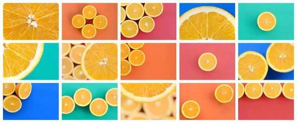ジューシーなオレンジと多くの写真のコラージュ さまざまな色の背景の果物画像の設定します — ストック写真