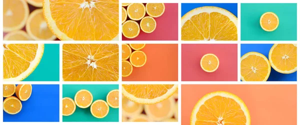 Koláž Mnoha Obrázků Šťavnaté Pomeranče Sada Obrázků Ovocem Pozadí Různých — Stock fotografie