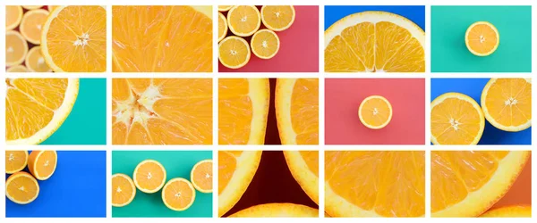 Collage Many Pictures Juicy Oranges Set Images Fruits Backgrounds Different — Stock Photo, Image