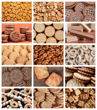 Çeşitli tatlılar yakın çekim ile çok sayıda resim kolaj. Bisküvi, simit ve şekerleme çeşitleri ile fotoğraf bir dizi