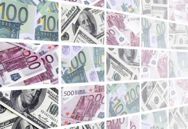 Birçok banknottan yığın halinde yalan 100 ve 500 euro euro banknot görüntülerini bir kolaj