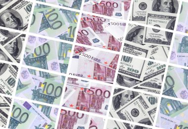 Birçok banknottan yığın halinde yalan 100 ve 500 euro euro banknot görüntülerini bir kolaj