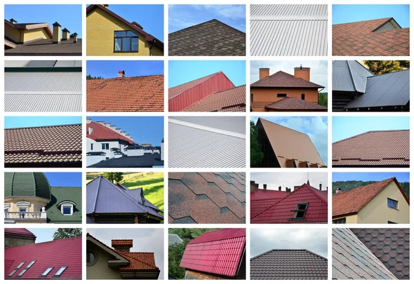 さまざまな種類の屋根の部分と多くの写真のコラージュ 屋根のイメージのセット — ストック写真