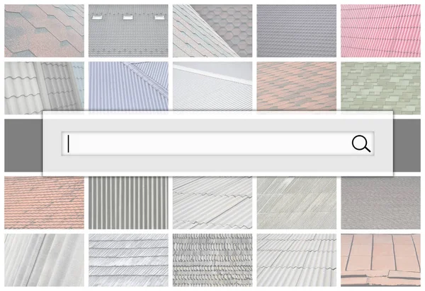 さまざまな種類の屋根の部分と多くの写真のコラージュの背景の検索バーの可視化をクローズ アップ 屋根塗装のテクスチャとイメージのセット — ストック写真
