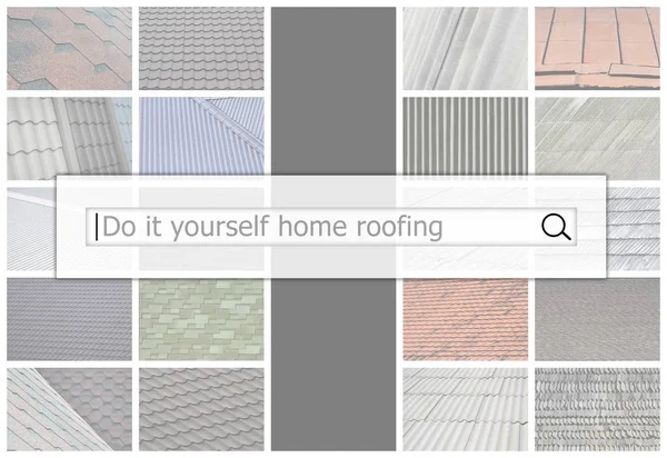 さまざまな種類の屋根の部分と多くの写真のコラージュの背景の検索バーの可視化をクローズ アップ それを自分で行うホーム屋根 — ストック写真