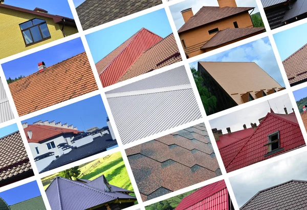 Collage Many Pictures Fragments Various Types Roofing Set Images Roofs — Stock Photo, Image
