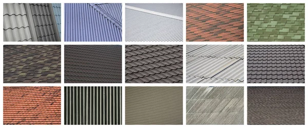 Collage Many Pictures Fragments Various Types Roofing Close Set Images — Stock Photo, Image