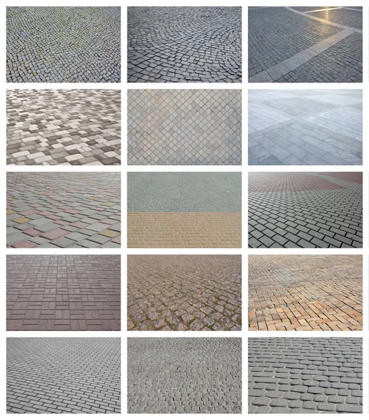 Collage Many Pictures Fragments Paving Tiles Close Set Images Pavement — Stock Photo, Image