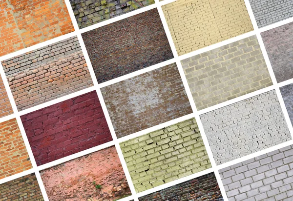 Ett Collage Många Bilder Med Fragment Tegelväggar Olika Färger Närbild — Stockfoto