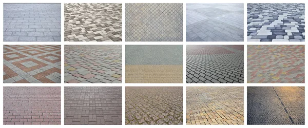 Collage Many Pictures Fragments Paving Tiles Close Set Images Pavement — Stock Photo, Image