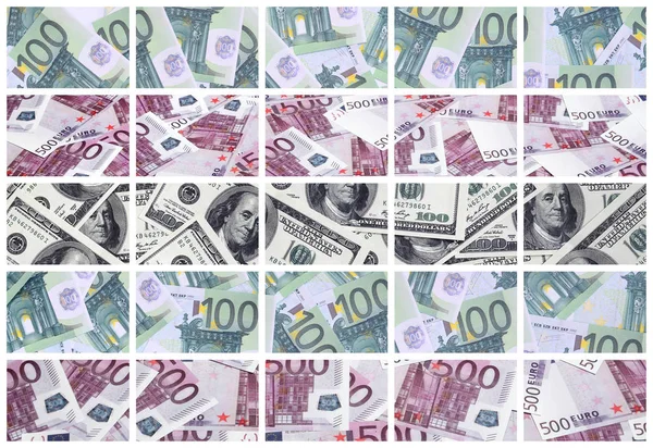 Un collage de muchas imágenes de billetes en euros en denominaciones de 1 —  Fotos de Stock