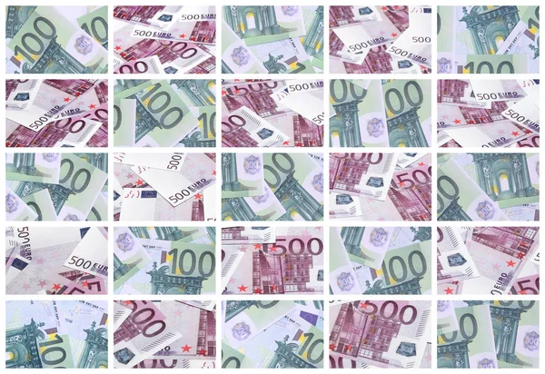 Collage Muchas Imágenes Cientos Dólares Billetes Euros Que Yacen Una —  Fotos de Stock