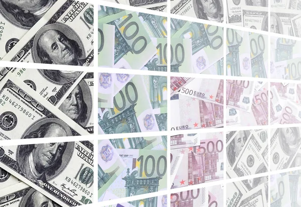 Collage Many Images Euro Banknotes Denominations 100 500 Euros Lying — Stock Photo, Image