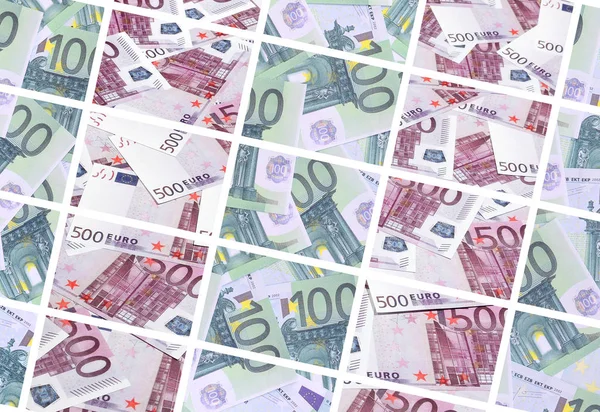 Uma Colagem Muitas Imagens Centenas Dólares Notas Euro Deitadas Numa — Fotografia de Stock