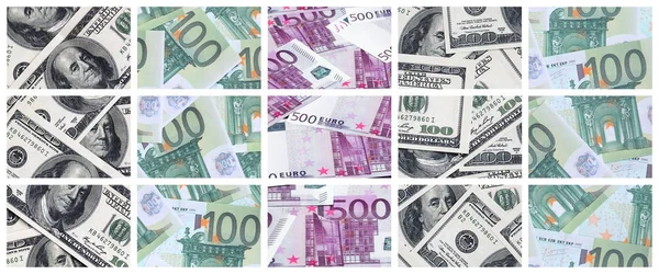 Collage Many Images Euro Banknotes Denominations 100 500 Euros Lying — Stock Photo, Image