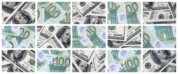 在堆中的100和500欧元的面额的许多欧元钞票图片拼贴画 — 图库照片