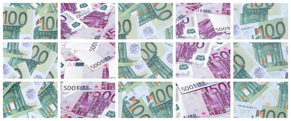 Uma colagem de muitas imagens de centenas de dólares e notas de euro l — Fotografia de Stock