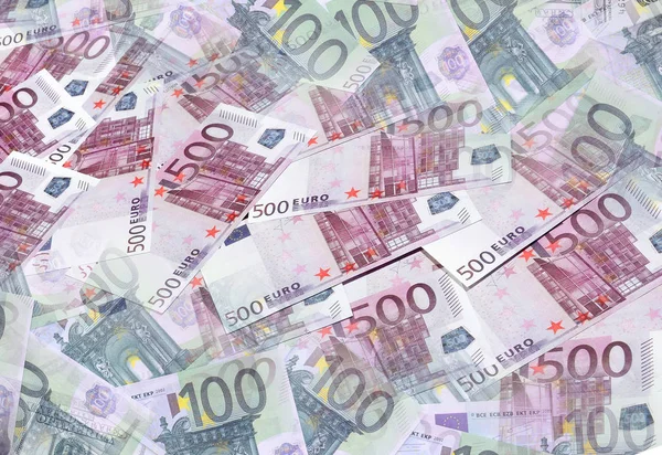 Een collage van vele afbeeldingen van honderden dollars en euro rekeningen l — Stockfoto