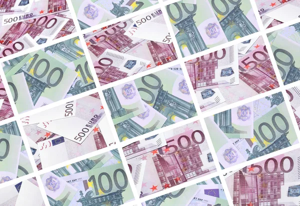 Uma Colagem Muitas Imagens Centenas Dólares Notas Euro Deitadas Numa — Fotografia de Stock