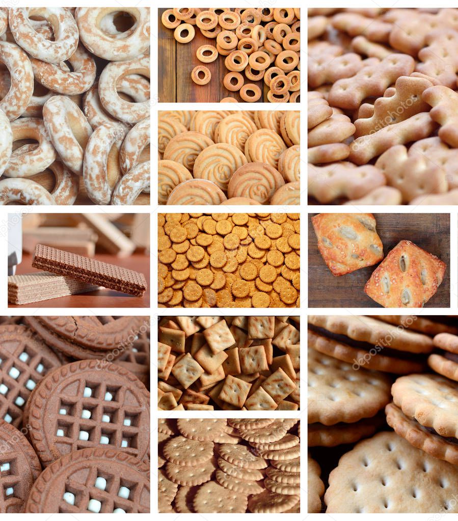 A collage of many pictures with various sweets close-up. A set of images with varieties of biscuits, bagels and candies