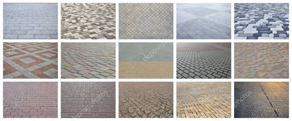 A collage of many pictures with fragments of paving tiles close-up. Set of images with pavement stone