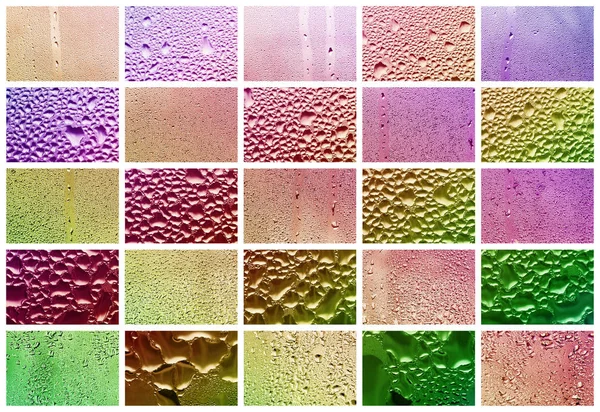 Collage Many Different Fragments Glass Decorated Rain Drops Condensate Rainbow — Stock Photo, Image