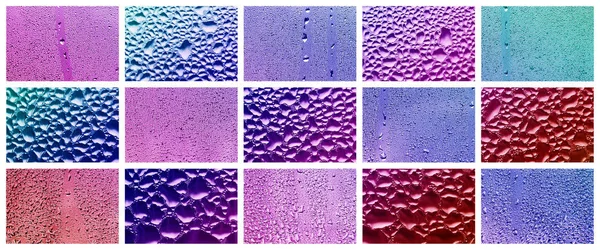 Collage Many Different Fragments Glass Decorated Rain Drops Condensate Purple — Stock Photo, Image
