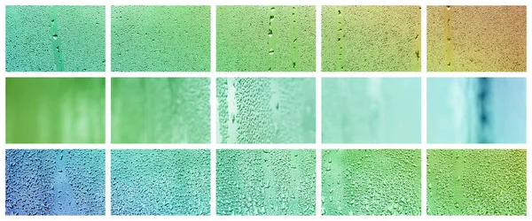 Collage Many Different Fragments Glass Decorated Rain Drops Condensate Rainbow — Stock Photo, Image