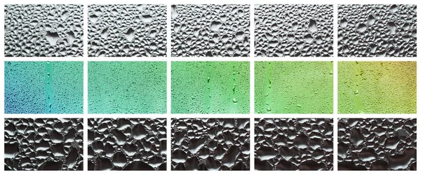 Collage Muchos Fragmentos Diferentes Vidrio Decorado Con Gotas Lluvia Del — Foto de Stock