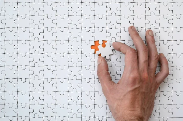 Texture White Jigsaw Puzzle Assembled State One Missing Element Male — Stock Photo, Image