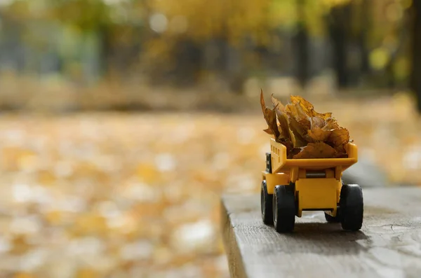 Ciężarówka zabawka mały żółty jest ładowany z żółtym opadłych liści. Th — Zdjęcie stockowe