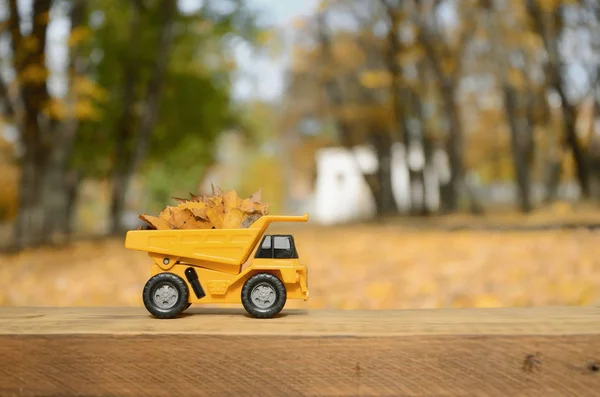 Malé Žluté Hračka Kamion Zatíženo Žluté Listí Auto Stojí Dřevěný — Stock fotografie