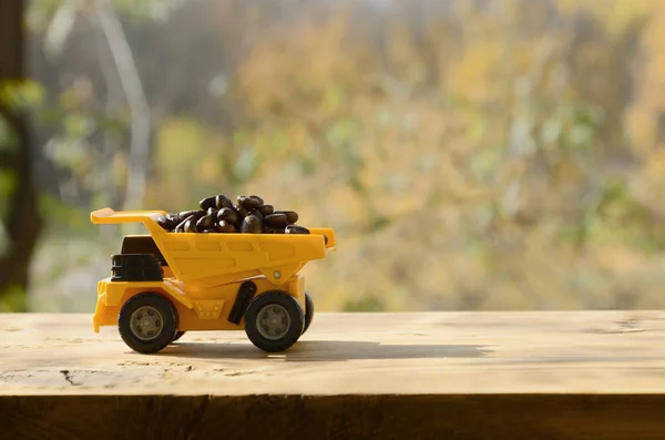 Маленька Жовта Іграшкова Вантажівка Завантажується Коричневими Кавовими Зернами Машина Дерев — стокове фото