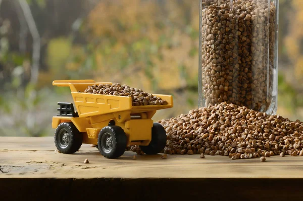 A small yellow toy truck is loaded with brown grains of buckwheat around the buckwheat pile and a glass of croup. A car on a wooden surface against a background of autumn forest. Buckwheat delivery