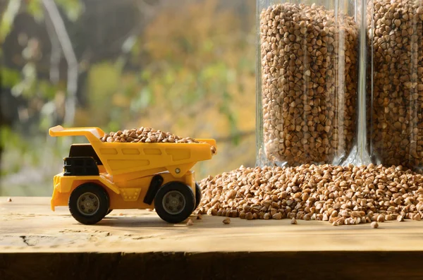 A small yellow toy truck is loaded with brown grains of buckwheat around the buckwheat pile and a glass of croup. A car on a wooden surface against a background of autumn forest. Buckwheat delivery