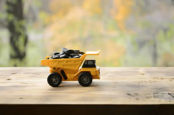노란색 장난감 해바라기 됩니다 표면에 자동차 해바라기 씨앗의 — 스톡 사진