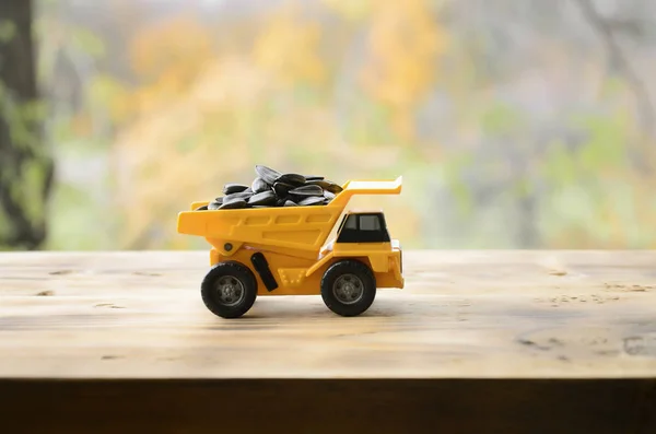 Um pequeno caminhão de brinquedo amarelo é carregado com sementes de girassol. Um carro o — Fotografia de Stock