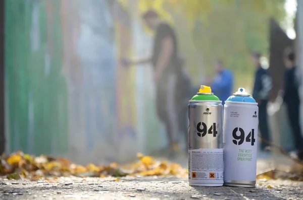 KHARKOV, UKRAINE - OCTOBER 19, 2019: Montana mtn 94 used spray can for graffiti painting outdoors in autumn leafs and artist in painting process — Stock Photo, Image
