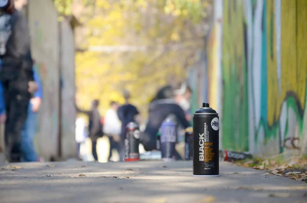 KHARKOV, UCRANIA - 19 DE OCTUBRE DE 2019: Montana mtn black nc formula used spray can for graffiti painting outdoors in autumn leafs and artist in painting process — Foto de Stock