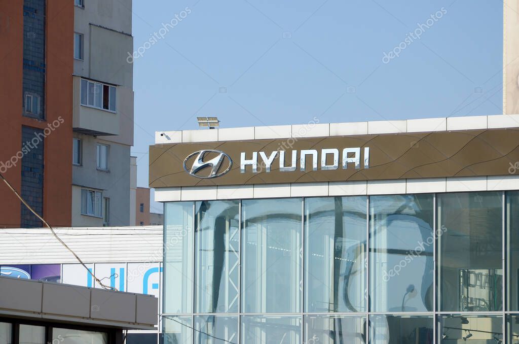 KHARKOV, UKRAINE - OCTOBER 20, 2019: Logotype of Hyundai corporation over blue Sky. Hyundai is the South Korea's automotive manufacturer