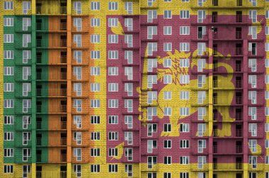 Sri Lanka bayrağı, yapım aşamasındaki çok katlı yerleşim yerinin boyalarıyla resmedildi. Büyük tuğla duvar zemininde desenli pankart