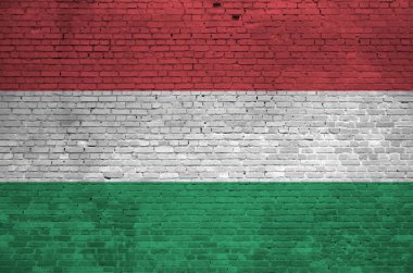 Macaristan bayrağı, eski tuğla duvardaki boya renkleriyle tasvir edilmiş. Büyük tuğla duvarlı arka planda desenli afiş