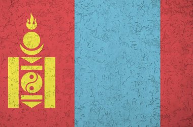 Moğolistan bayrağı eski kabartma duvarlara parlak boya renkleriyle resmedilmiş. Kabataslak arkaplanda desenli pankart