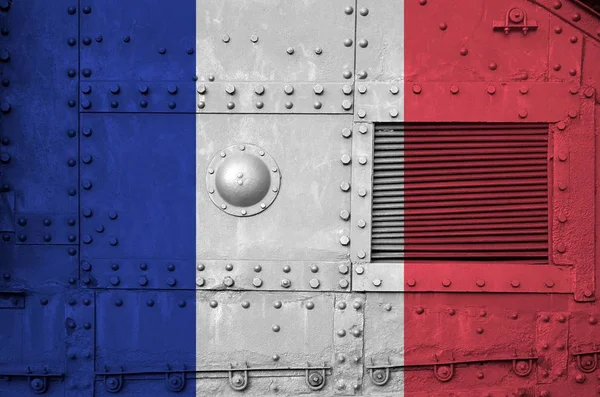 Frankreich Flagge Auf Einem Teil Des Panzers Großaufnahme Konzeptioneller Hintergrund — Stockfoto
