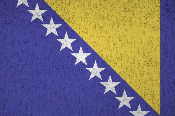 Bosnien Herzegowina Flagge Leuchtenden Farben Auf Alten Reliefputzwänden Großaufnahme Texturiertes — Stockfoto