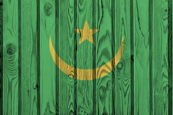 Mauritania Flag Depicted Bright Paint Colors Old Wooden Wall Close — Stock Photo, Image